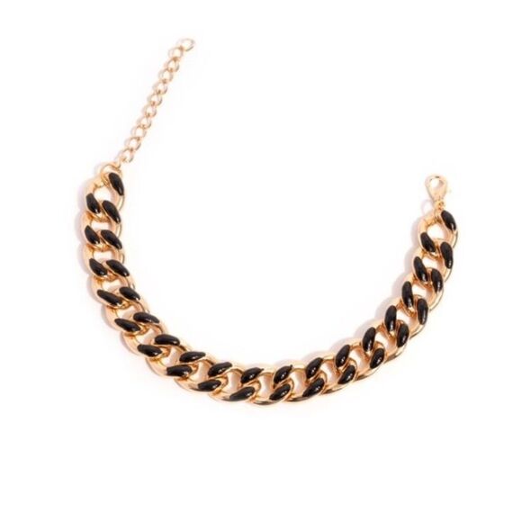 Paparazzi Painted Prelude Curb-Link Bracelet Gold-tone Black Enamel Adjustable - Picture 2 of 3